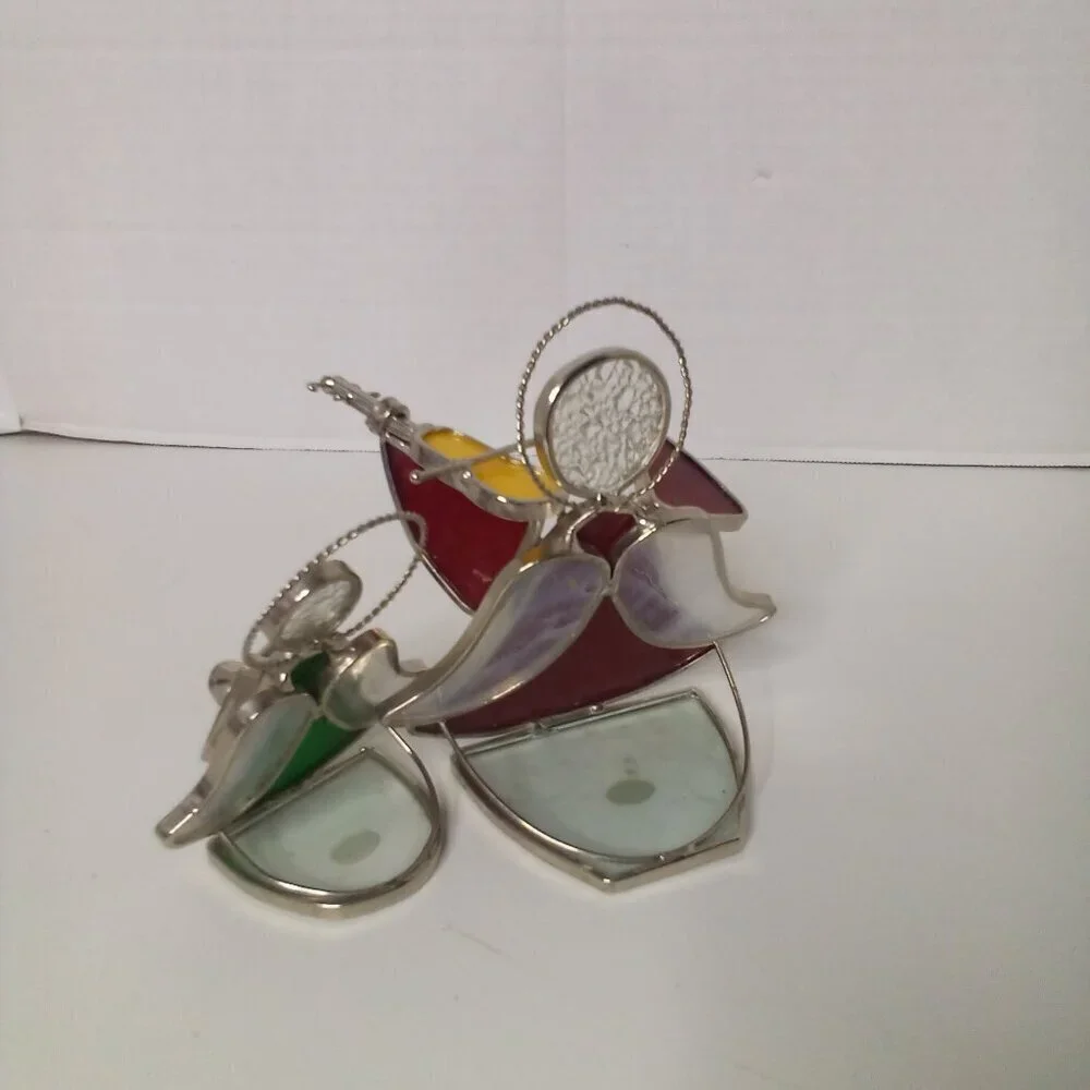 Stained Glass Angel Tea Light Candle Holders Musical Horn Violin Red Green
